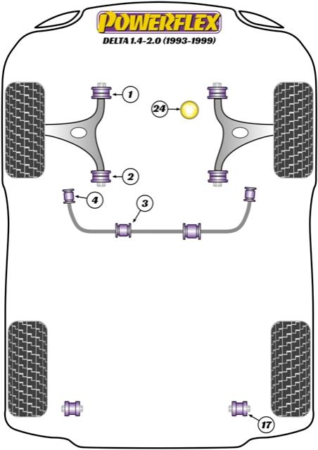 Achterste stabilisatorstang, buitenste bus Delta 1.4-2.0, Delta 1600 GT & HF Turbo 2WD, Delta HF Integrale inc Evo, straat